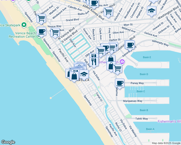 map of restaurants, bars, coffee shops, grocery stores, and more near in Marina del Rey