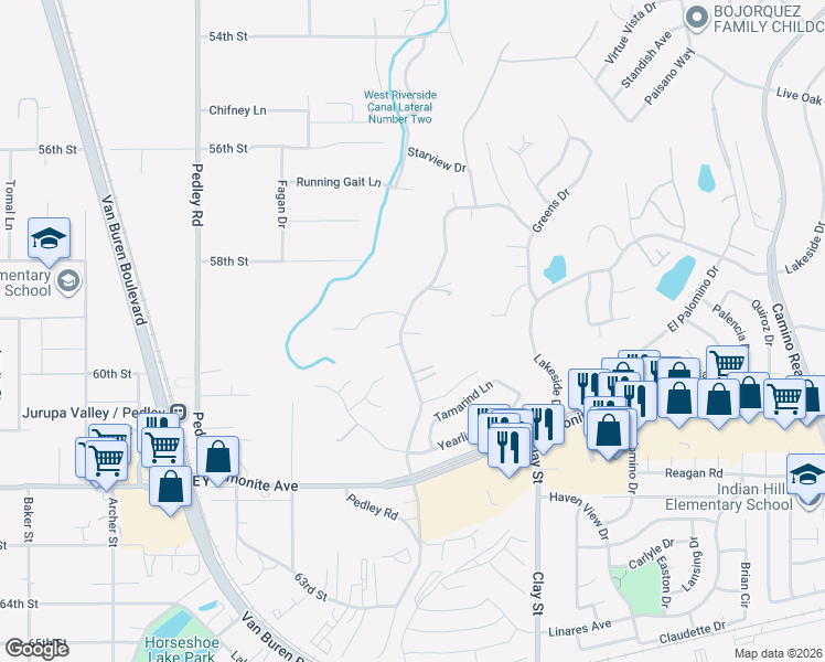 map of restaurants, bars, coffee shops, grocery stores, and more near 8385 Indian Knolls Circle in Riverside