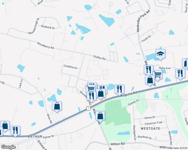 map of restaurants, bars, coffee shops, grocery stores, and more near 168 Woodberry Road in West Columbia