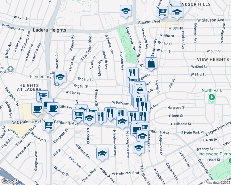 map of restaurants, bars, coffee shops, grocery stores, and more near 221 West 64th Place in Inglewood