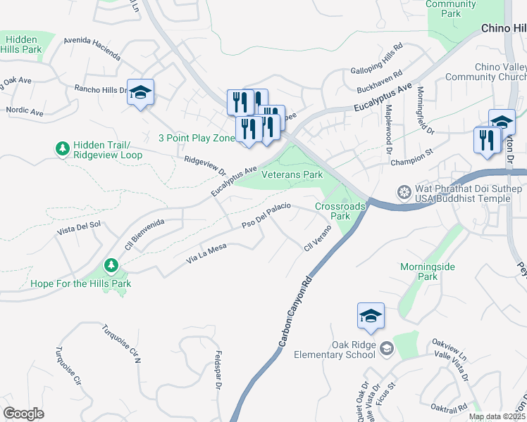 map of restaurants, bars, coffee shops, grocery stores, and more near 2590 Paseo Del Palacio in Chino Hills