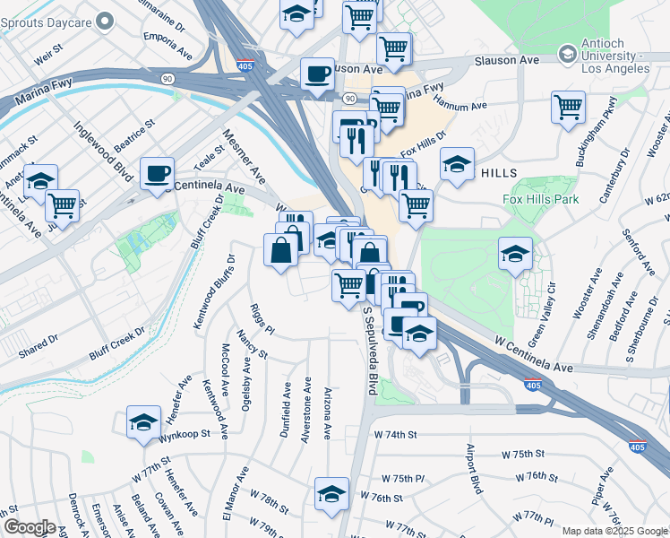 map of restaurants, bars, coffee shops, grocery stores, and more near 6181 South Sepulveda Boulevard in Los Angeles