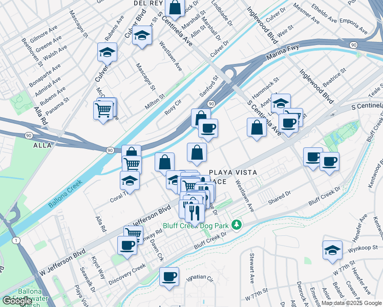 map of restaurants, bars, coffee shops, grocery stores, and more near 12633 Beatrice Street in Los Angeles
