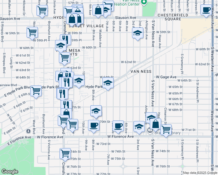 map of restaurants, bars, coffee shops, grocery stores, and more near 2815 Southwest Drive in Los Angeles