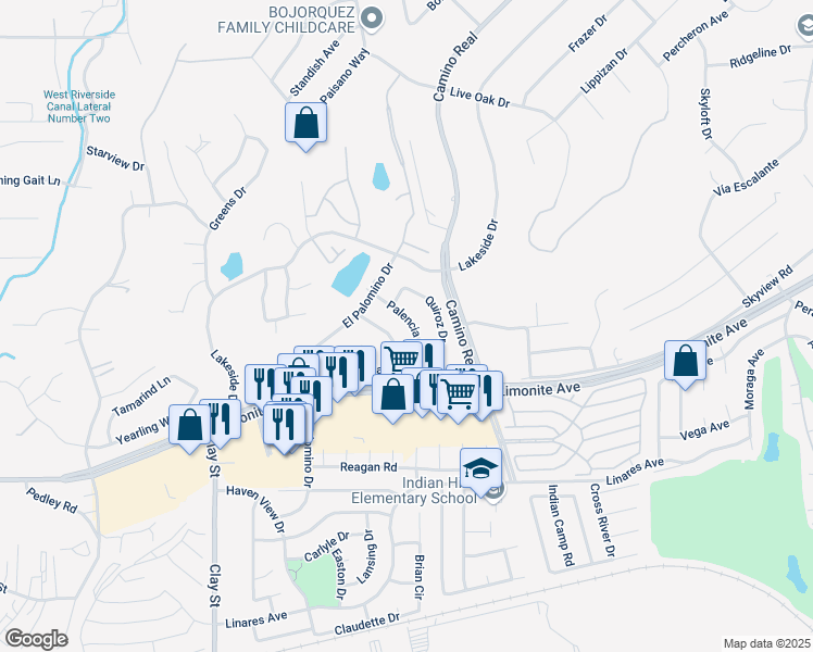 map of restaurants, bars, coffee shops, grocery stores, and more near 5901 Palencia Drive in Riverside