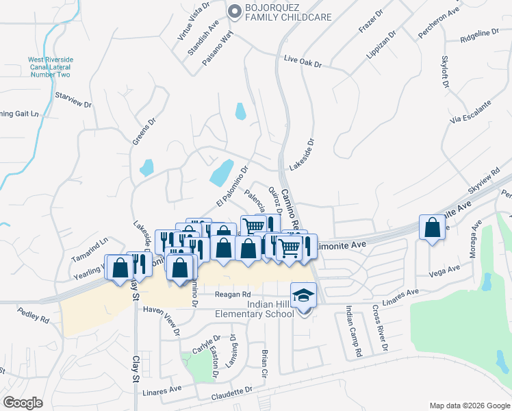 map of restaurants, bars, coffee shops, grocery stores, and more near 5901 Palencia Drive in Riverside