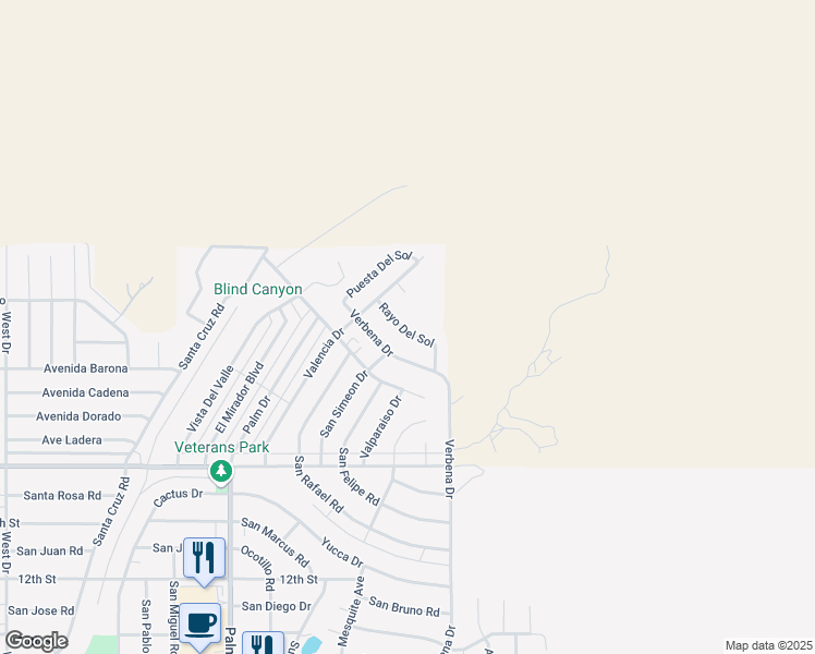 map of restaurants, bars, coffee shops, grocery stores, and more near Rayo Del Sol in Desert Hot Springs
