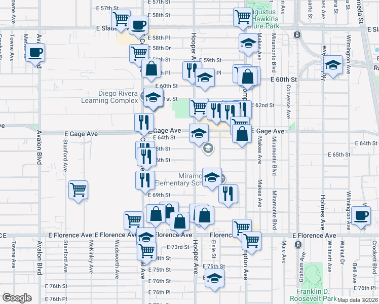 map of restaurants, bars, coffee shops, grocery stores, and more near East 65th Street in Los Angeles
