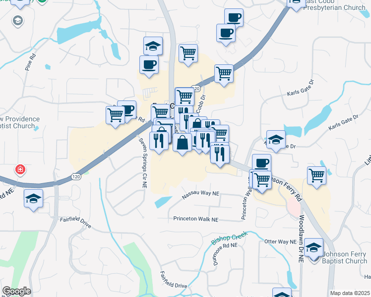 map of restaurants, bars, coffee shops, grocery stores, and more near 1313 Johnson Ferry Road in Marietta