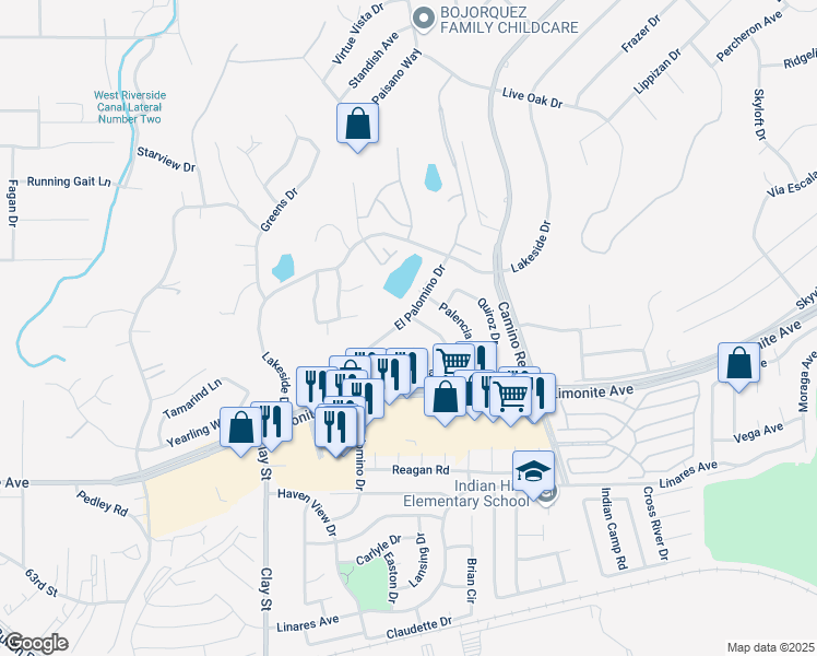 map of restaurants, bars, coffee shops, grocery stores, and more near 5910 El Palomino Drive in Riverside