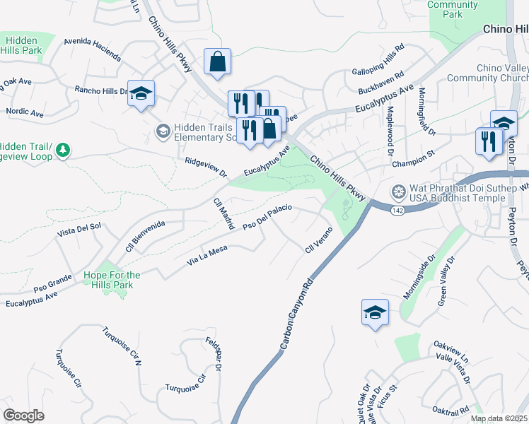 map of restaurants, bars, coffee shops, grocery stores, and more near 2590 Paseo Del Palacio in Chino Hills