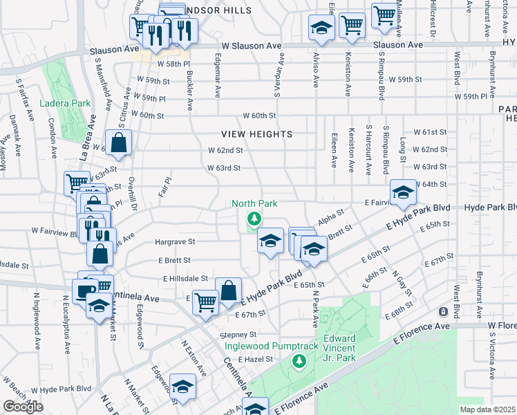 map of restaurants, bars, coffee shops, grocery stores, and more near 626 East Fairview Boulevard in Inglewood