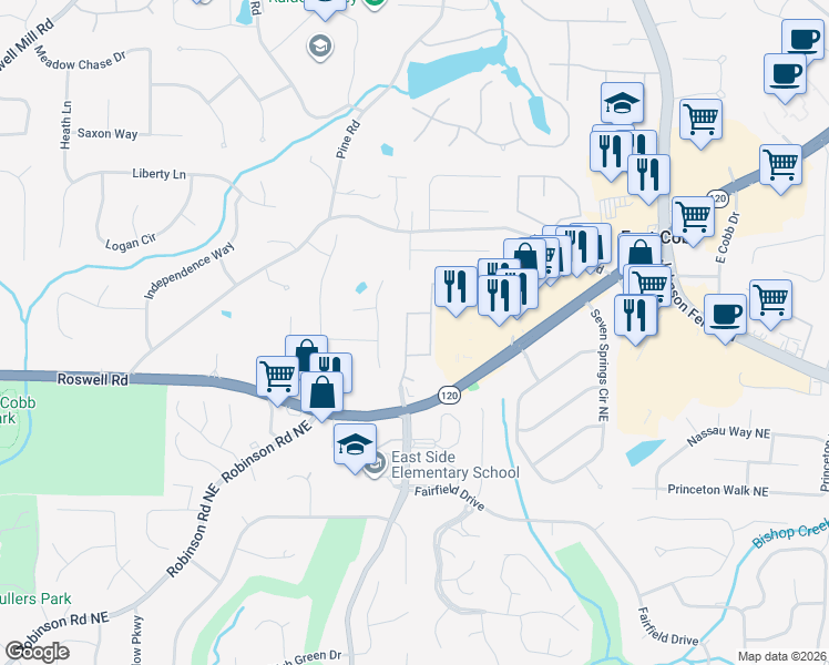 map of restaurants, bars, coffee shops, grocery stores, and more near 1228 Indian Hills Parkway Northeast in Marietta