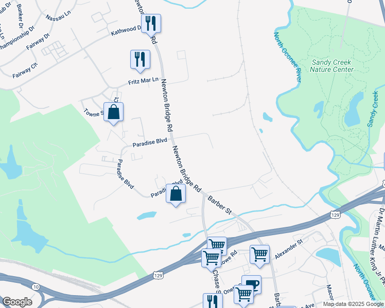 map of restaurants, bars, coffee shops, grocery stores, and more near 180 Newton Bridge Road in Athens