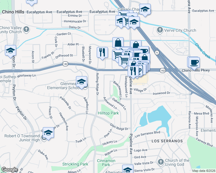 map of restaurants, bars, coffee shops, grocery stores, and more near 15010 Oakwood Lane in Chino Hills