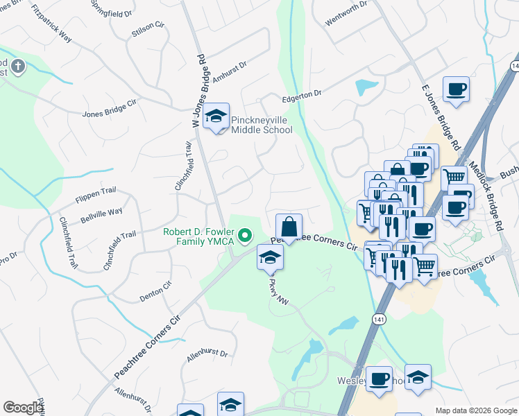 map of restaurants, bars, coffee shops, grocery stores, and more near 4100 Blue Iris Hollow in Norcross