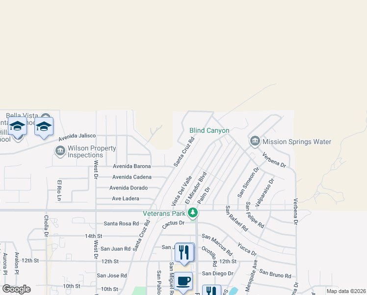 map of restaurants, bars, coffee shops, grocery stores, and more near 9275 Santa Cruz Road in Desert Hot Springs