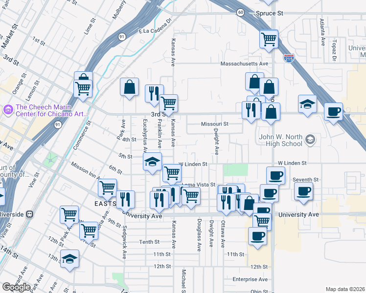 map of restaurants, bars, coffee shops, grocery stores, and more near 2093 Patterson Street in Riverside
