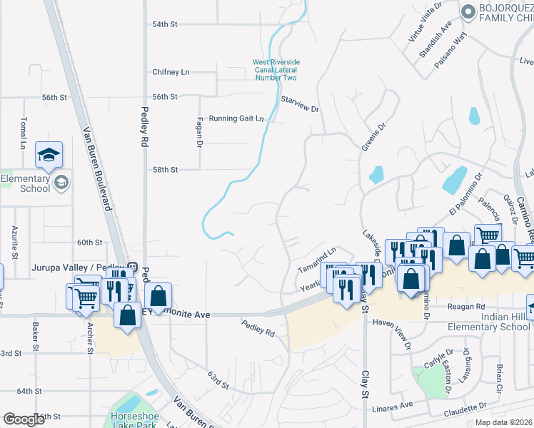 map of restaurants, bars, coffee shops, grocery stores, and more near 5909 Baldwin Avenue in Riverside