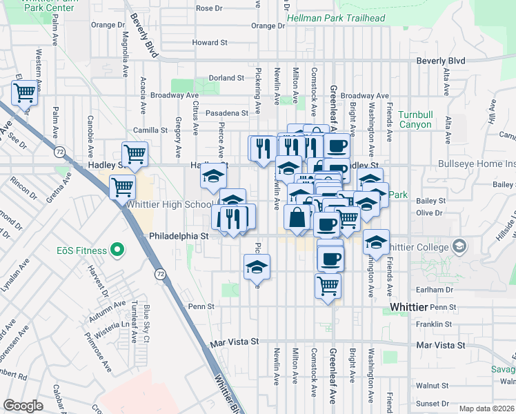 map of restaurants, bars, coffee shops, grocery stores, and more near 12515 Bailey Street in Whittier