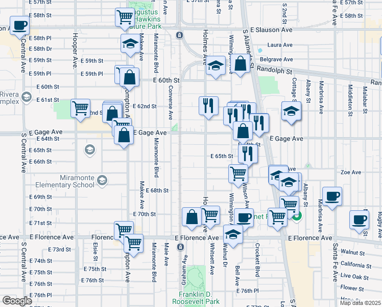 map of restaurants, bars, coffee shops, grocery stores, and more near 1740 East 64th Street in Los Angeles