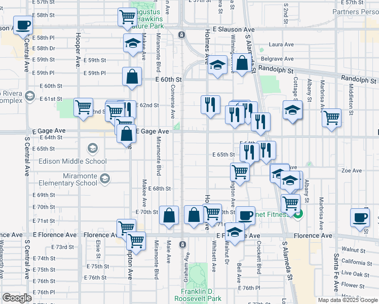 map of restaurants, bars, coffee shops, grocery stores, and more near 1740 East 64th Street in Los Angeles