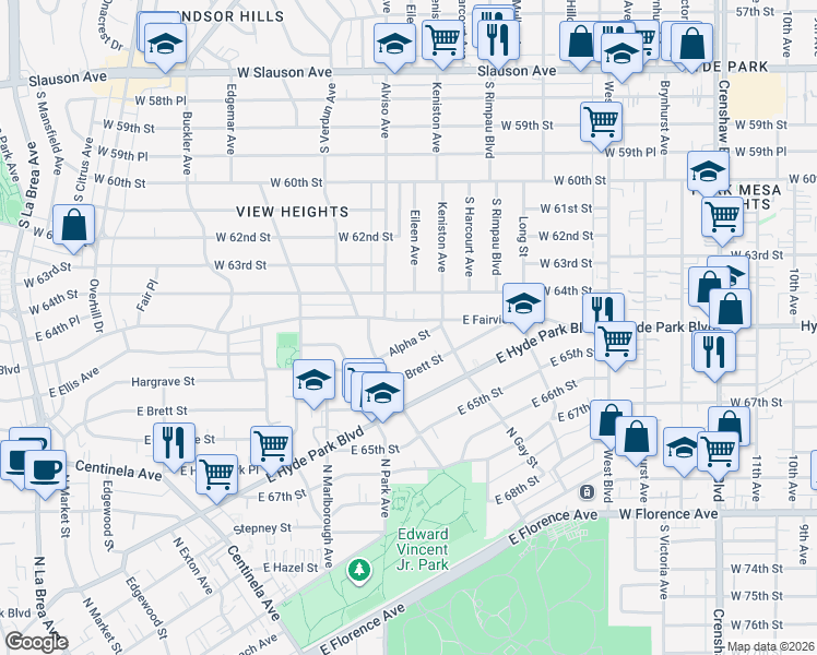 map of restaurants, bars, coffee shops, grocery stores, and more near 931 East Fairview Boulevard in Inglewood