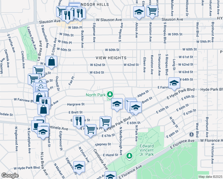 map of restaurants, bars, coffee shops, grocery stores, and more near 639 East Fairview Boulevard in Inglewood