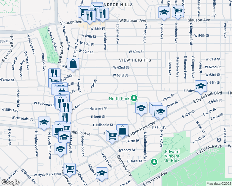 map of restaurants, bars, coffee shops, grocery stores, and more near 1320 Buckler Avenue in Inglewood