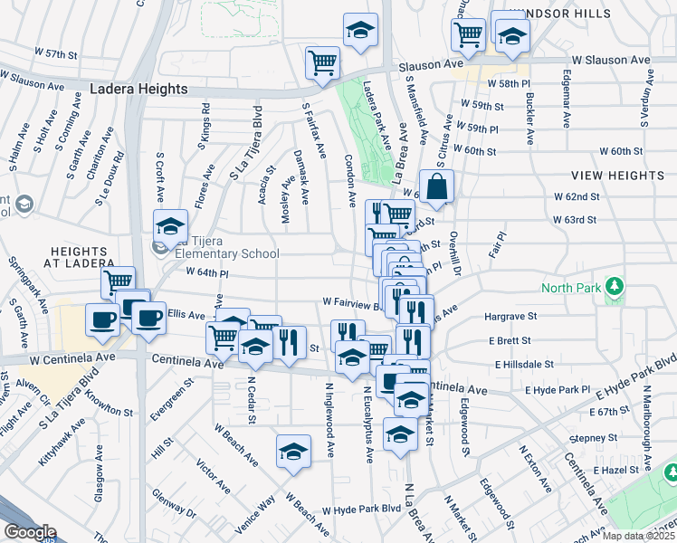 map of restaurants, bars, coffee shops, grocery stores, and more near 200 West 64th Street in Inglewood