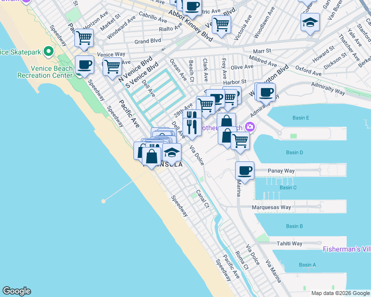 map of restaurants, bars, coffee shops, grocery stores, and more near 333 Washington Boulevard in Los Angeles
