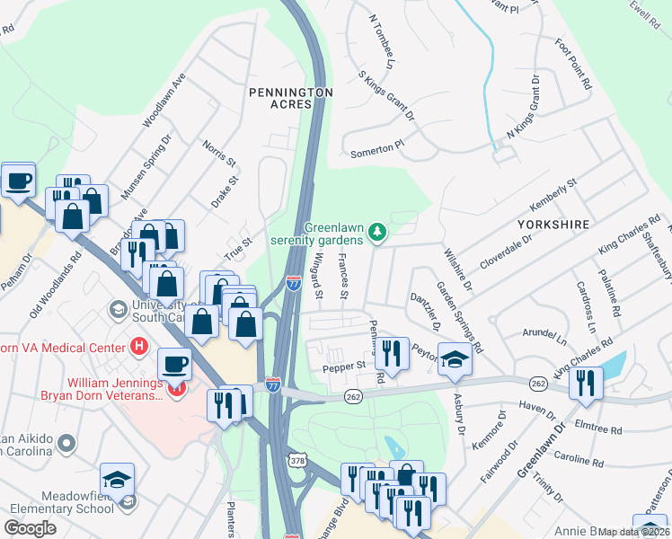 map of restaurants, bars, coffee shops, grocery stores, and more near 6655 Frances Street in Columbia