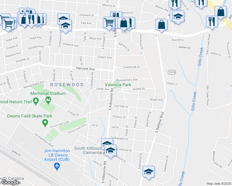 map of restaurants, bars, coffee shops, grocery stores, and more near 7 Cavalier Court in Columbia