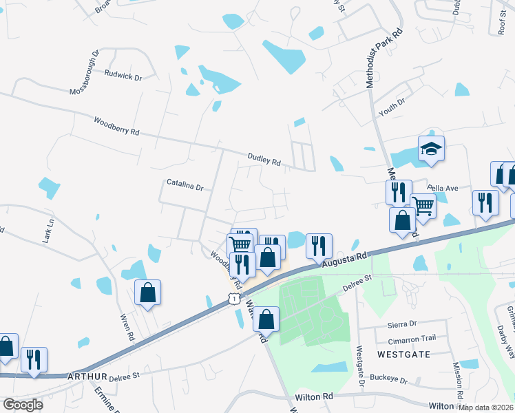 map of restaurants, bars, coffee shops, grocery stores, and more near 168 Woodberry Road in West Columbia
