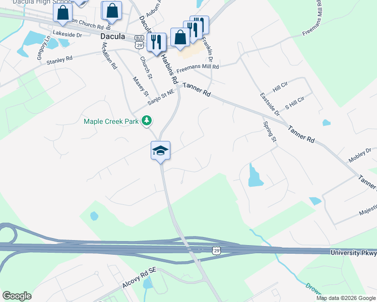 map of restaurants, bars, coffee shops, grocery stores, and more near 2515 Dacula Ridge Drive in Dacula