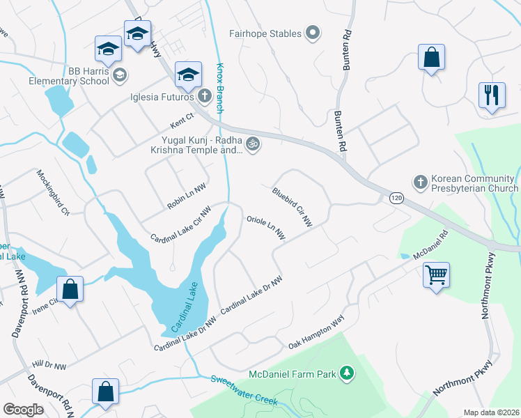 map of restaurants, bars, coffee shops, grocery stores, and more near 2652 Oriole Lane Northwest in Duluth