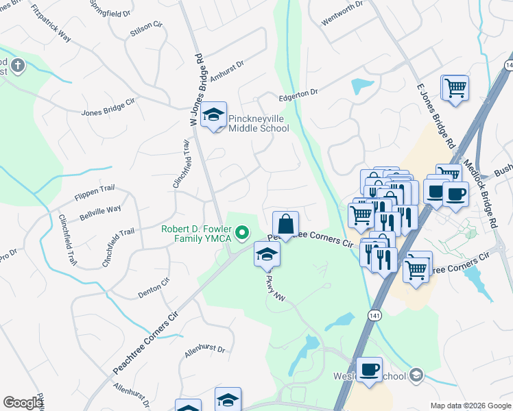 map of restaurants, bars, coffee shops, grocery stores, and more near 4100 Blue Iris Hollow in Norcross