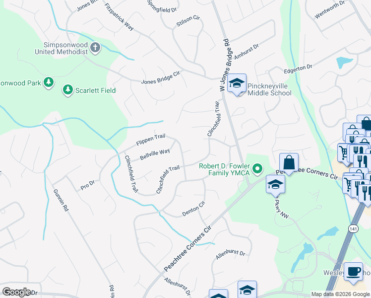 map of restaurants, bars, coffee shops, grocery stores, and more near 5615 Covena Court in Norcross