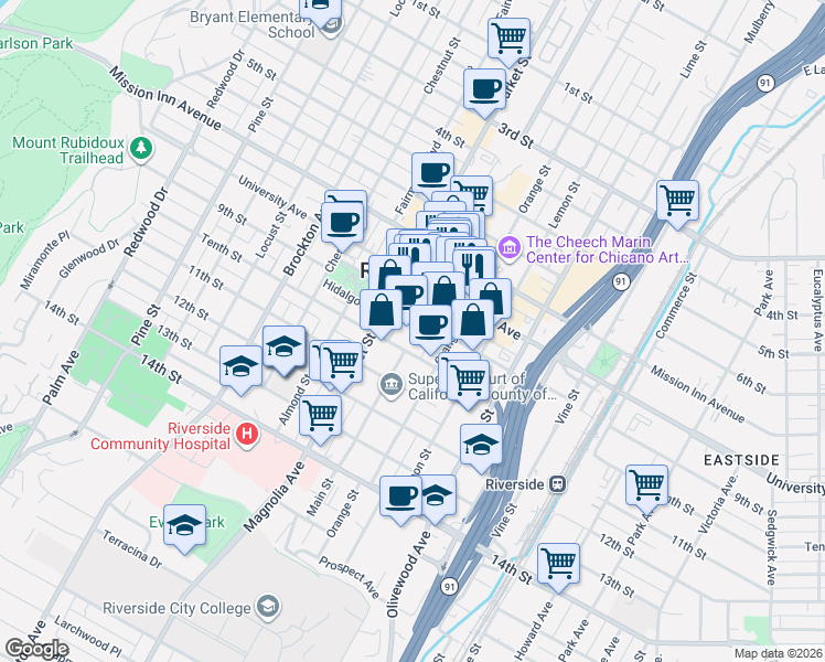 map of restaurants, bars, coffee shops, grocery stores, and more near in Riverside