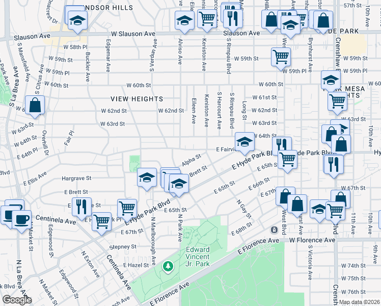 map of restaurants, bars, coffee shops, grocery stores, and more near 931 East Fairview Boulevard in Inglewood