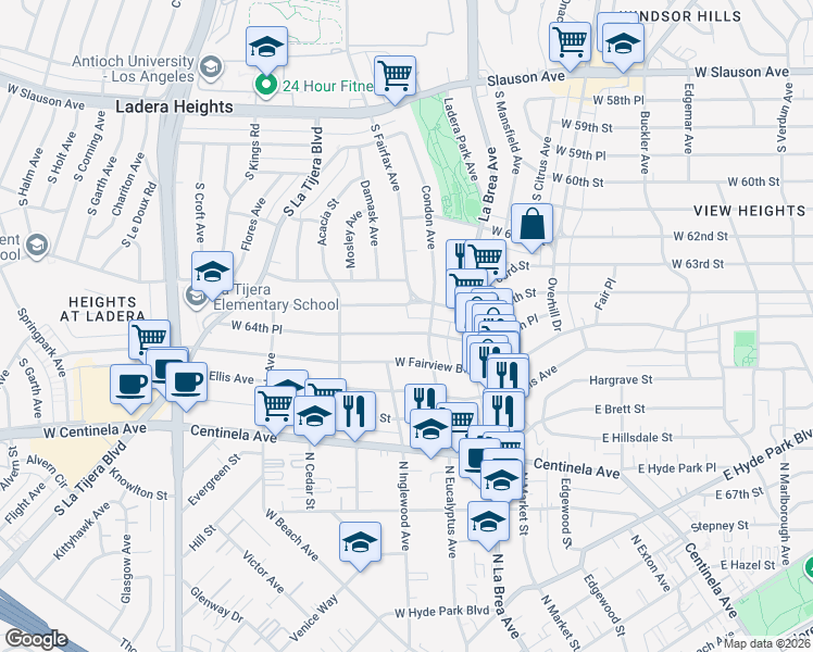 map of restaurants, bars, coffee shops, grocery stores, and more near 221 West 64th Place in Inglewood