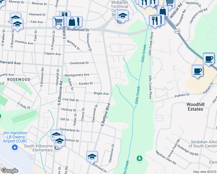 map of restaurants, bars, coffee shops, grocery stores, and more near 727 South Beltline Boulevard in Columbia