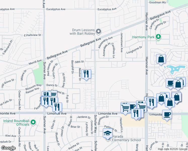 map of restaurants, bars, coffee shops, grocery stores, and more near 5930 Ginger Drive in Corona