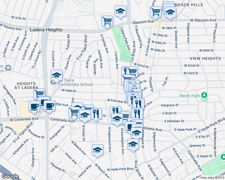 map of restaurants, bars, coffee shops, grocery stores, and more near 200 West 64th Street in Inglewood