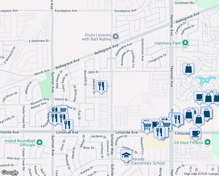 map of restaurants, bars, coffee shops, grocery stores, and more near 5926 Ginger Drive in Corona