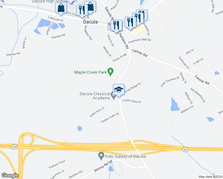 map of restaurants, bars, coffee shops, grocery stores, and more near 2443 Robin Ridge Drive in Dacula