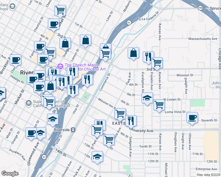 map of restaurants, bars, coffee shops, grocery stores, and more near 3008 5th Street in Riverside