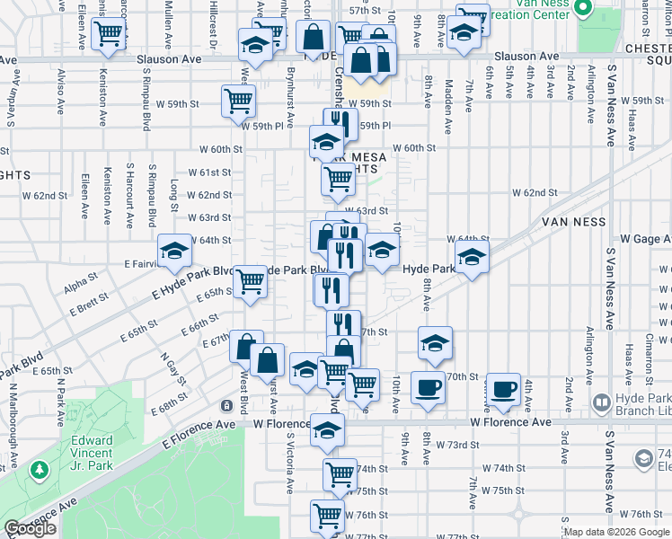 map of restaurants, bars, coffee shops, grocery stores, and more near Crenshaw Boulevard & Hyde Park Boulevard in Los Angeles