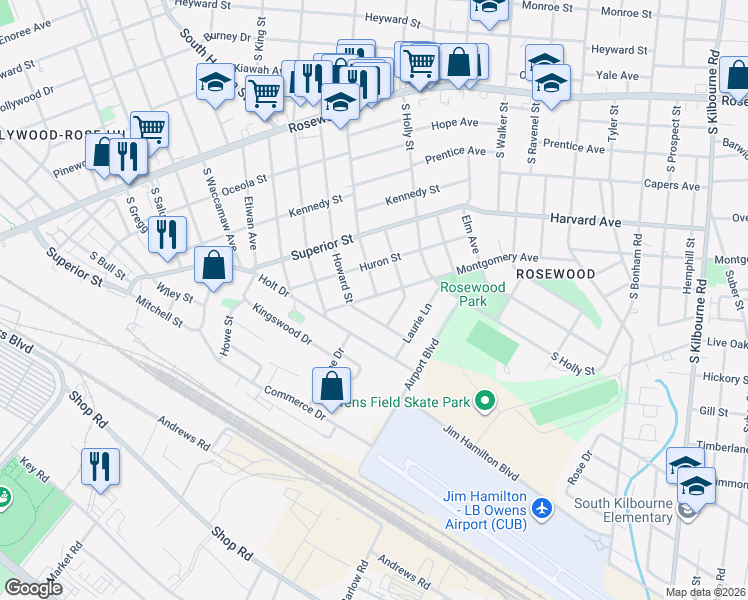 map of restaurants, bars, coffee shops, grocery stores, and more near 818 South Maple Street in Columbia