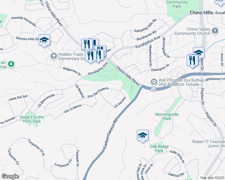 map of restaurants, bars, coffee shops, grocery stores, and more near 15003 Vía Tesoro in Chino Hills